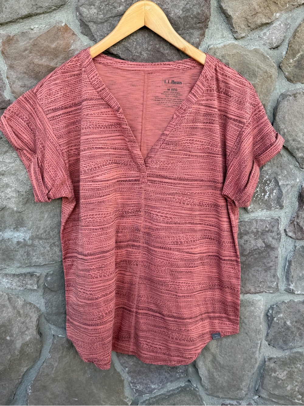 L.L. Bean Women's Short Sleeve V-Neck Top in Terracotta Stripe